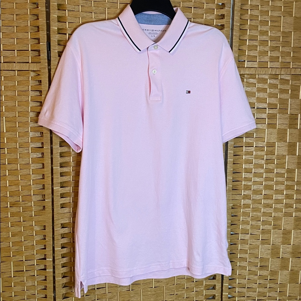Tommy Hilfiger Mens Polo pale Pink navy Short Sleeve shirt Large preppy